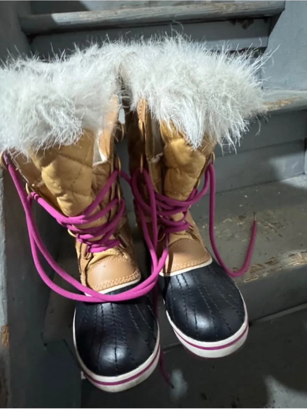 Sorel Kids Tan Quilted Winter Boots with Purple Accents - Picture 2 of 4